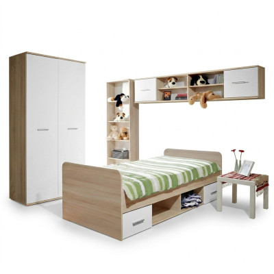 Habitación infantil completa con cama, armario, estantería de libros y estante de pared, juego de 5 piezas.