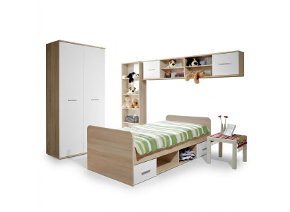 Habitación infantil completa con cama, armario, estantería de libros y estante de pared, juego de 5 piezas.