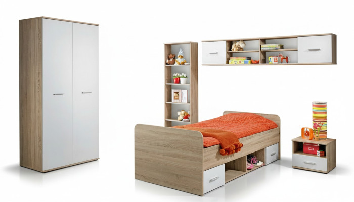 Conjunto de habitación infantil completo, mesita de noche, cama de diseñador moderno, armario.