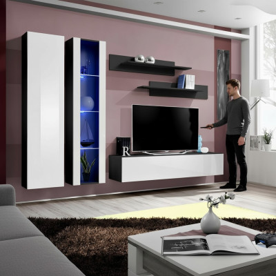 Sala de estar, muebles, conjunto de pared, soporte para TV, mobiliario completo, moderno.