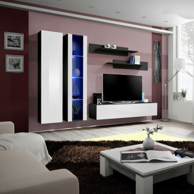 Sala de estar, muebles, conjunto de pared, soporte para TV, mobiliario completo, moderno.