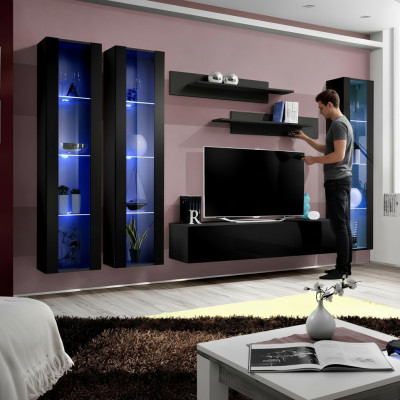 Conjunto de muebles modernos de madera para la sala de estar de 6 piezas en negro con vitrina colgante.
