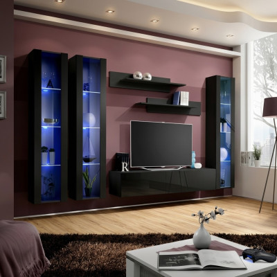 Conjunto de muebles modernos de madera para la sala de estar de 6 piezas en negro con vitrina colgante.