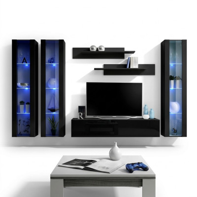 Conjunto de muebles modernos de madera para la sala de estar de 6 piezas en negro con vitrina colgante.