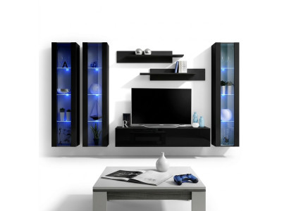Conjunto de muebles modernos de madera para la sala de estar de 6 piezas en negro con vitrina colgante.