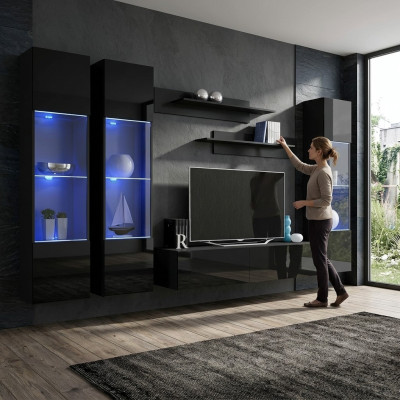 Conjunto de sala de estar de 6 piezas, mueble de pared bajo, soporte de TV, vitrina colgante, muebles de madera.