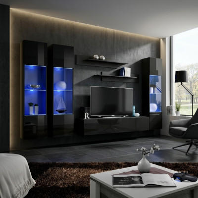 Conjunto de sala de estar de 6 piezas, mueble de pared bajo, soporte de TV, vitrina colgante, muebles de madera.