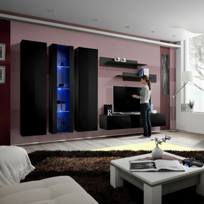 Mueble de madera para sala de estar, armario de pared negro, conjunto de soporte de TV y vitrina colgante.