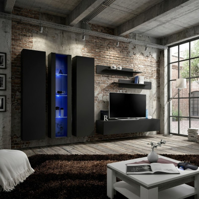 Mueble de madera para sala de estar, armario de pared negro, conjunto de soporte de TV y vitrina colgante.
