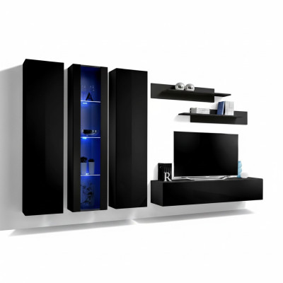 Mueble de madera para sala de estar, armario de pared negro, conjunto de soporte de TV y vitrina colgante.