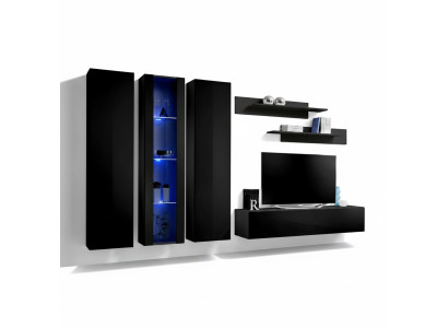 Mueble de madera para sala de estar, armario de pared negro, conjunto de soporte de TV y vitrina colgante.