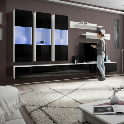 Sala de estar moderna: Mueble de pared de diseñador en madera para TV, vitrina de lujo suspendida.