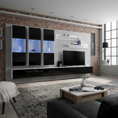 Sala de estar moderna: Mueble de pared de diseñador en madera para TV, vitrina de lujo suspendida.