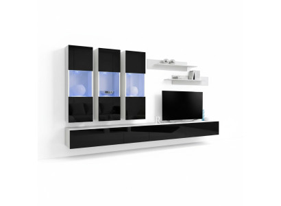 Sala de estar moderna: Mueble de pared de diseñador en madera para TV, vitrina de lujo suspendida.