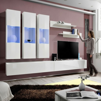 Sala de estar Vitrina colgante RTV Mueble de pared Diseño de madera Blanco Moderno Nuevo Set de 7 piezas.