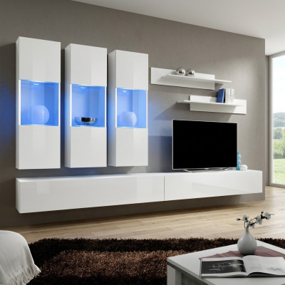 Sala de estar Vitrina colgante RTV Mueble de pared Diseño de madera Blanco Moderno Nuevo Set de 7 piezas.