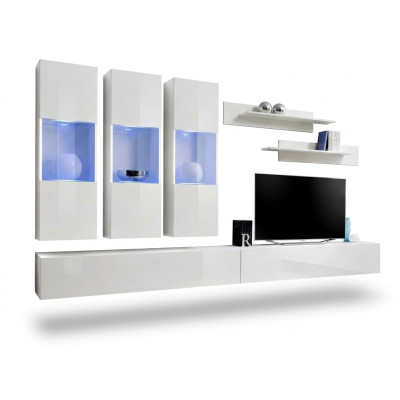 Sala de estar Vitrina colgante RTV Mueble de pared Diseño de madera Blanco Moderno Nuevo Set de 7 piezas.