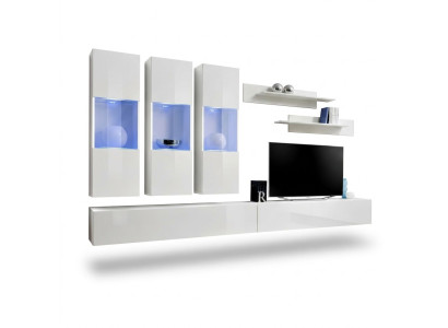 Sala de estar Vitrina colgante RTV Mueble de pared Diseño de madera Blanco Moderno Nuevo Set de 7 piezas.