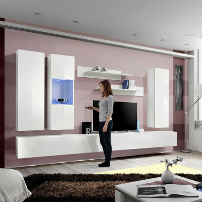 Conjunto de muebles de salón de madera blancos con soporte para TV, diseño moderno con estantes de pared.