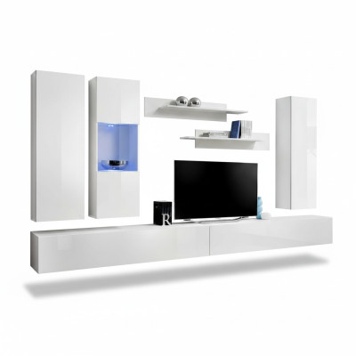 Conjunto de muebles de salón de madera blancos con soporte para TV, diseño moderno con estantes de pared.