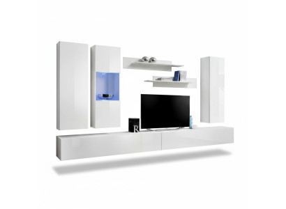 Conjunto de muebles de salón de madera blancos con soporte para TV, diseño moderno con estantes de pared.