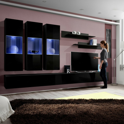 Conjunto de salón de 7 piezas muebles de madera 2 soportes de TV Estantes de pared modernos Negro