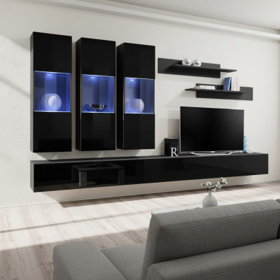 Conjunto de salón de 7 piezas muebles de madera 2 soportes de TV Estantes de pared modernos Negro