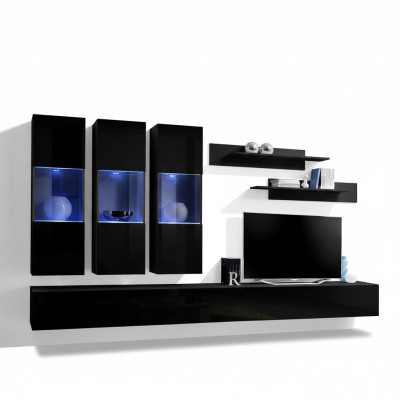 Conjunto de salón de 7 piezas muebles de madera 2 soportes de TV Estantes de pared modernos Negro