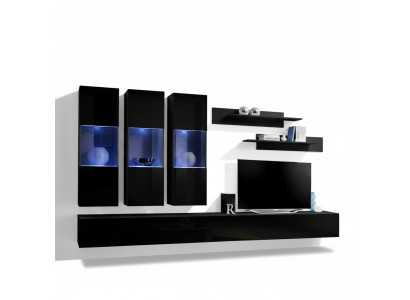 Conjunto de salón de 7 piezas muebles de madera 2 soportes de TV Estantes de pared modernos Negro