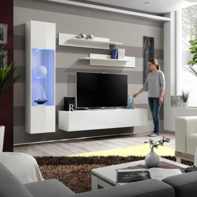Muebles de sala en blanco, pared de diseño, lujo, soporte para TV, vitrina colgante, estantes.