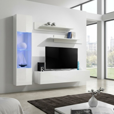 Muebles de sala en blanco, pared de diseño, lujo, soporte para TV, vitrina colgante, estantes.