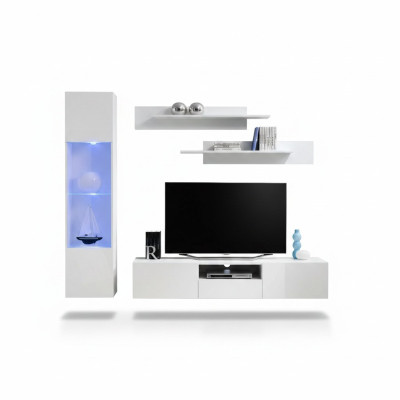 Muebles de sala en blanco, pared de diseño, lujo, soporte para TV, vitrina colgante, estantes.