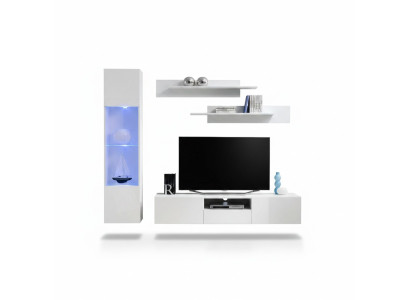 Muebles de sala en blanco, pared de diseño, lujo, soporte para TV, vitrina colgante, estantes.