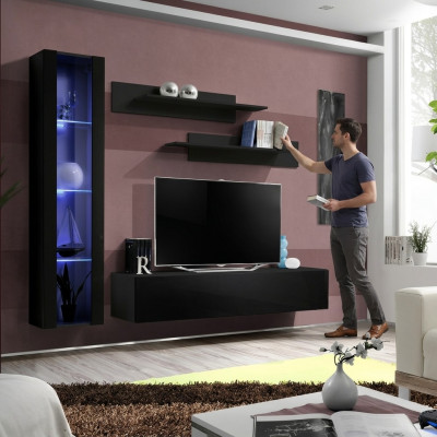 Conjunto completo de muebles de sala de estar negro, vitrina colgante de diseñador.
