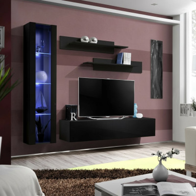 Conjunto completo de muebles de sala de estar negro, vitrina colgante de diseñador.