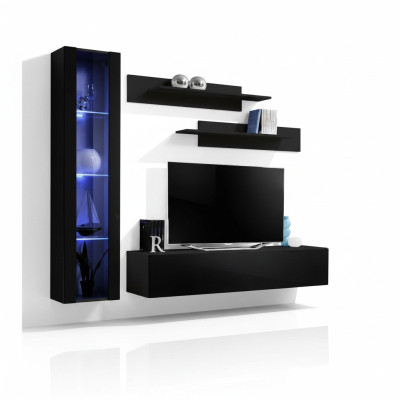 Conjunto completo de muebles de sala de estar negro, vitrina colgante de diseñador.