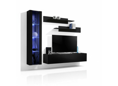 Conjunto completo de muebles de sala de estar negro, vitrina colgante de diseñador.