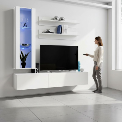 Conjunto de muebles de diseñador para soporte de TV completo 4 piezas con cómoda baja colgante y vitrina.