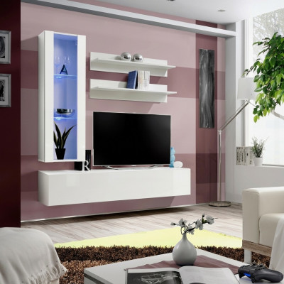 Conjunto de muebles de diseñador para soporte de TV completo 4 piezas con cómoda baja colgante y vitrina.