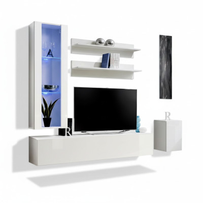 Conjunto de muebles de diseñador para soporte de TV completo 4 piezas con cómoda baja colgante y vitrina.