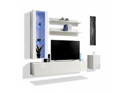 Conjunto de muebles de diseñador para soporte de TV completo 4 piezas con cómoda baja colgante y vitrina.