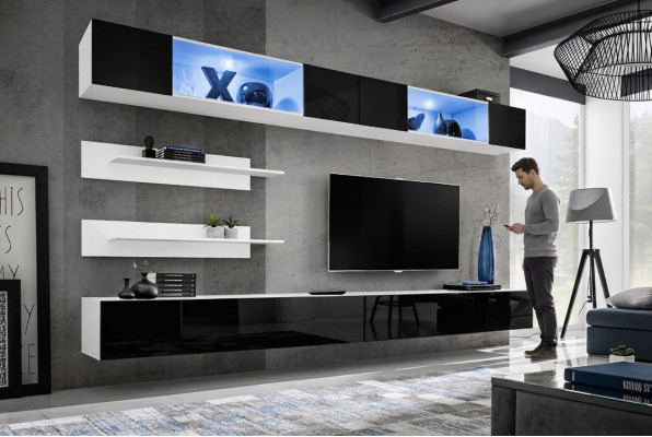 Conjunto de sala de estar de 6 piezas, lujosa pared de sala, armario de pared, 2x soportes para TV, diseño de mobiliario.