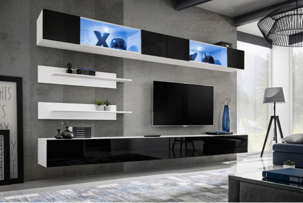 Conjunto de sala de estar de 6 piezas, lujosa pared de sala, armario de pared, 2x soportes para TV, diseño de mobiliario.