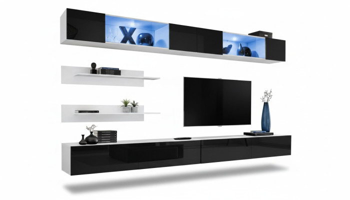 Conjunto de sala de estar de 6 piezas, lujosa pared de sala, armario de pared, 2x soportes para TV, diseño de mobiliario.