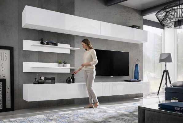 Juego de salón moderno de lujo de madera blanco - Muebles para la pared de la sala de estar, 6 piezas. Estante de TV.