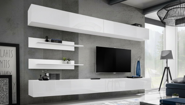 Juego de salón moderno de lujo de madera blanco - Muebles para la pared de la sala de estar, 6 piezas. Estante de TV.