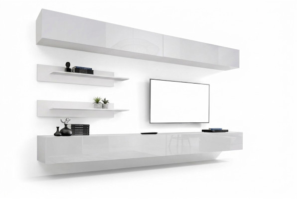 Juego de salón moderno de lujo de madera blanco - Muebles para la pared de la sala de estar, 6 piezas. Estante de TV.