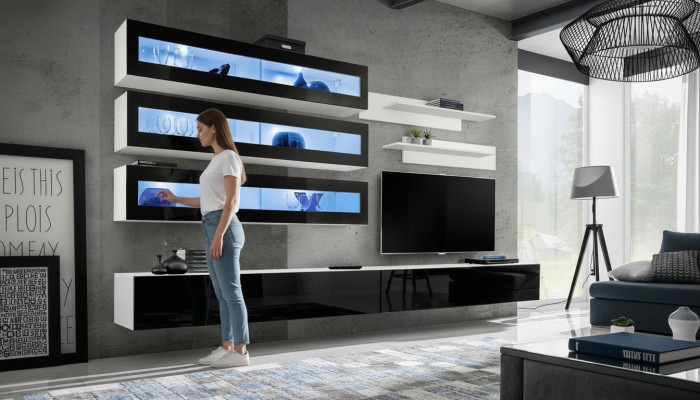 Blanco Sala de estar de lujo Mueble de pared 3x Gabinete de pared Soporte para TV
