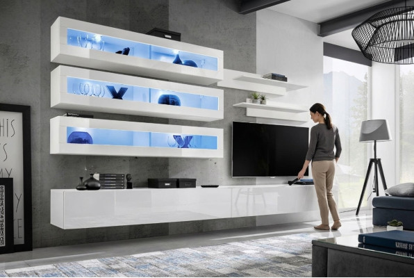 Conjunto de 7 piezas para la sala de estar en estilo de diseñador. Mueble de pared para TV, soporte para TV, 2 estantes de pared.