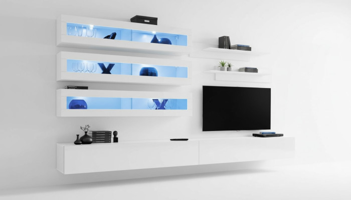 Conjunto de 7 piezas para la sala de estar en estilo de diseñador. Mueble de pared para TV, soporte para TV, 2 estantes de pared.